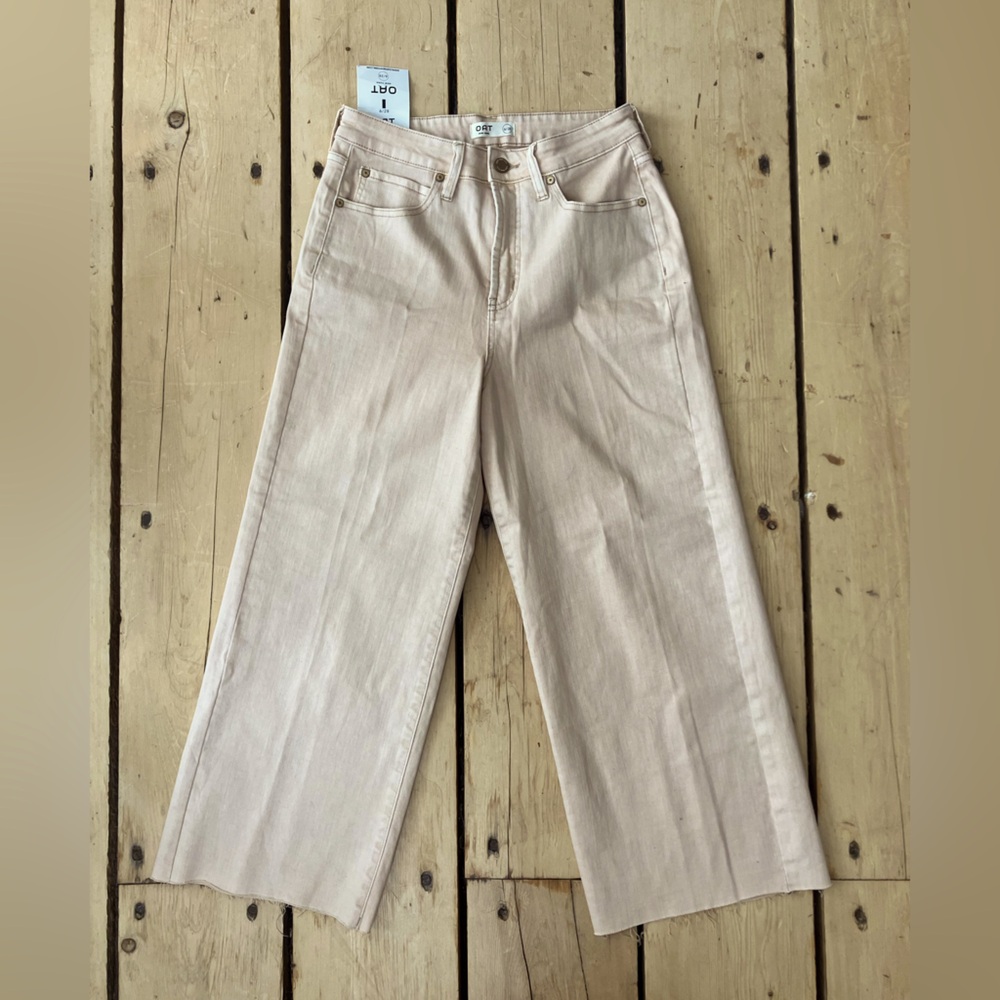 OAT High Rise Wide Leg Rough Hem Cropped Stretch Denim